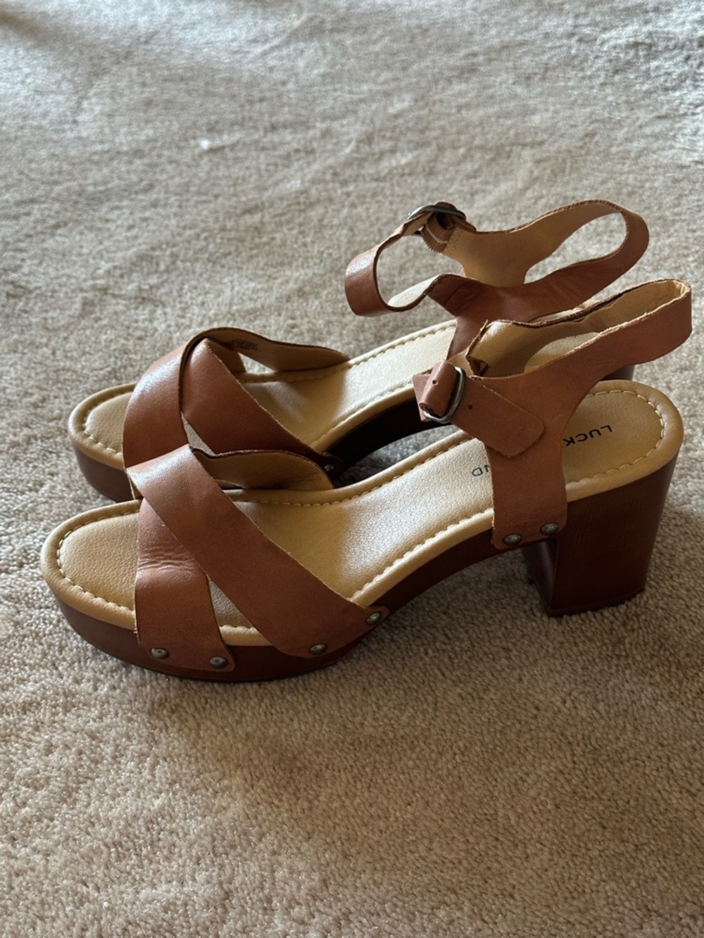 Lucky Brand Cognac Brown Leather Crisscross Block Heel Sandals